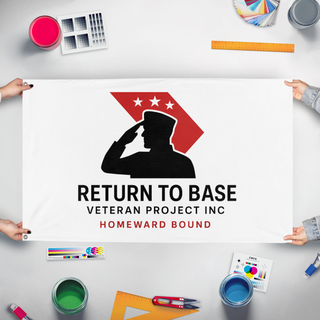 A mockup of the custom flag 'RTB Salute Flag' held up on a table during print checking