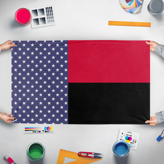 A mockup of the custom flag 'American colony of Angola  flag' held up on a table during print checking