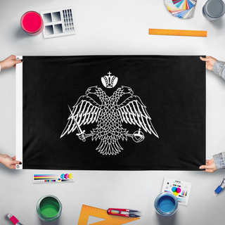 A mockup of the custom flag 'Valorian Flag' held up on a table during print checking