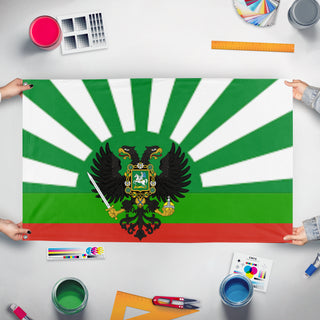 A mockup of the custom flag 'Japanese Siberia Puppet State flag' held up on a table during print checking
