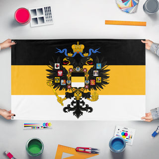 A mockup of the custom flag 'Russian Empire  flag' held up on a table during print checking