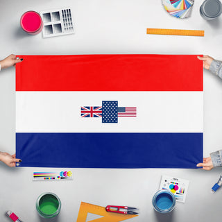 A mockup of the custom flag 'American South Africa  flag' held up on a table during print checking