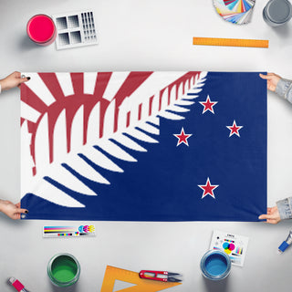 A mockup of the custom flag 'Japanese New Zealand  flag' held up on a table during print checking