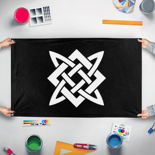 A mockup of the custom flag 'Hyperborea flag' held up on a table during print checking