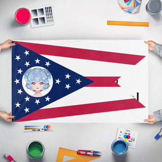 A mockup of the custom flag 'Baohio flag' held up on a table during print checking