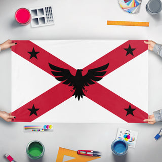 A mockup of the custom flag 'Confedation of Ocaloran flag' held up on a table during print checking