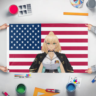 A mockup of the custom flag 'Josie flag' held up on a table during print checking