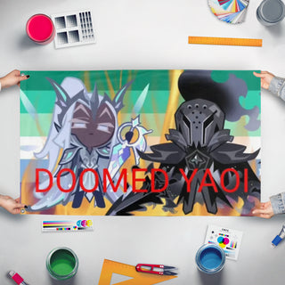 A mockup of the custom flag 'Eldersalt  flag' held up on a table during print checking