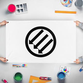 A mockup of the custom flag 'Black and White Iron Front flag' held up on a table during print checking