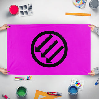 A mockup of the custom flag 'Pink Iron Front flag' held up on a table during print checking
