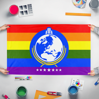 A mockup of the custom flag 'Super Gay Super Earth flag' held up on a table during print checking