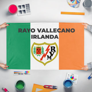 A mockup of the custom flag 'RAYO VALLECANO flag' held up on a table during print checking