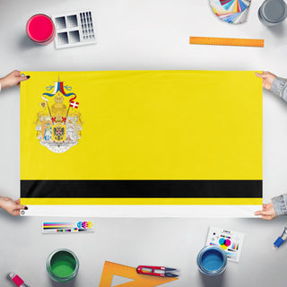 A mockup of the custom flag 'Russian Empire flag in style of USSR' held up on a table during print checking