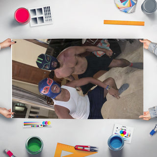 A mockup of the custom flag 'KING BED BROTHERS flag' held up on a table during print checking