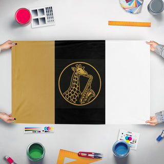A mockup of the custom flag 'AHS Saxes flag' held up on a table during print checking
