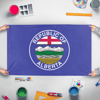 A mockup of the custom flag 'Republic of Alberta flag' held up on a table during print checking