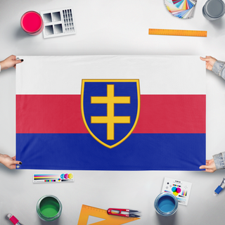 A mockup of the custom flag 'Intermarium flag' held up on a table during print checking
