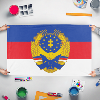 A mockup of the custom flag 'Pan-Slavic Unity flag' held up on a table during print checking