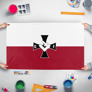 A mockup of the custom flag 'Grupa Falanga flag' held up on a table during print checking