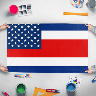 A mockup of the custom flag 'American   protectorate of Costa Rica  flag' held up on a table during print checking
