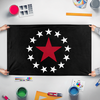 A mockup of the custom flag 'The ARU flag' held up on a table during print checking