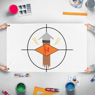 A mockup of the custom flag 'FPS flag' held up on a table during print checking