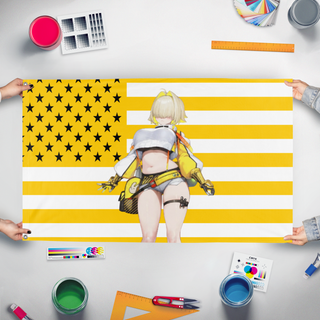 A mockup of the custom flag 'Elegg Nation flag' held up on a table during print checking