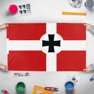A mockup of the custom flag 'Birausi empire flag' held up on a table during print checking