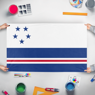 A mockup of the custom flag 'Noraland Republic flag' held up on a table during print checking