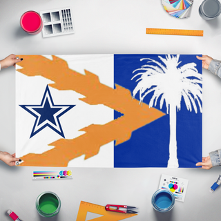 A mockup of the custom flag 'Florida flag Redesign' held up on a table during print checking