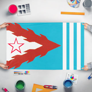 A mockup of the custom flag 'Cuban resign      flag' held up on a table during print checking