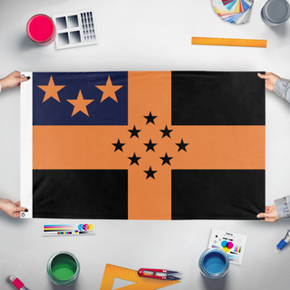 A mockup of the custom flag 'Portoia flag' held up on a table during print checking