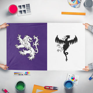 A mockup of the custom flag 'Jones-Langley flag' held up on a table during print checking