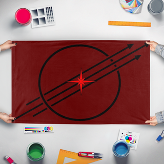 A mockup of the custom flag 'Chaos Insurgency flag' held up on a table during print checking