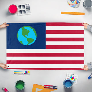 A mockup of the custom flag 'Earthican Space America flag' held up on a table during print checking