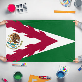 A mockup of the custom flag 'Mexico Flag resign' held up on a table during print checking