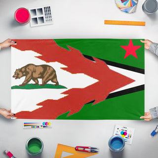 A mockup of the custom flag 'California flag redesign' held up on a table during print checking