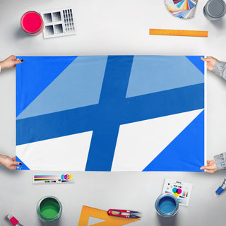 A mockup of the custom flag 'Pembroke, Massachusetts flag' held up on a table during print checking