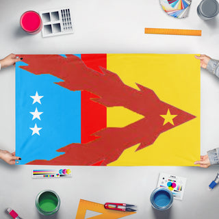 A mockup of the custom flag 'Ecuador Flag redesign' held up on a table during print checking