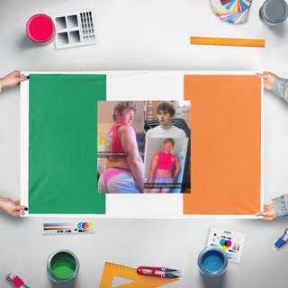 A mockup of the custom flag 'Ian  flag' held up on a table during print checking