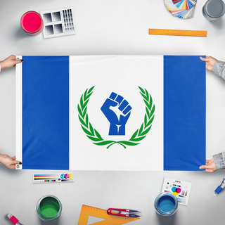 A mockup of the custom flag 'Myflagig' held up on a table during print checking