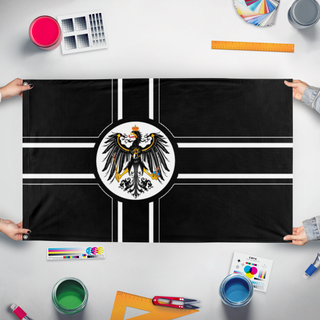 A mockup of the custom flag 'A flag of my nation lintonia' held up on a table during print checking