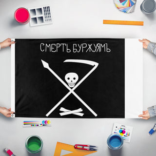 A mockup of the custom flag 'Krondstadt Rebellion flag' held up on a table during print checking