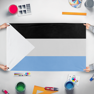 A mockup of the custom flag 'Sun Bleached Palestine flag' held up on a table during print checking