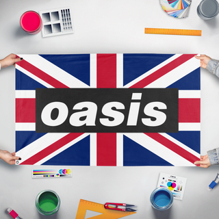 A mockup of the custom flag 'Oasis Flag' held up on a table during print checking