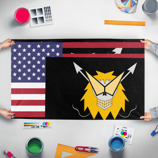 A mockup of the custom flag 'Jayden  flag' held up on a table during print checking