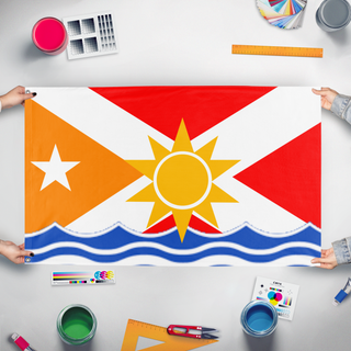 A mockup of the custom flag 'Florida flag Redesign' held up on a table during print checking