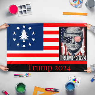 A mockup of the custom flag 'Trump 2024 Betsy Ross / appeal to heaven flag' held up on a table during print checking