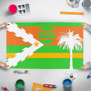 A mockup of the custom flag 'Miami  flag redesign' held up on a table during print checking