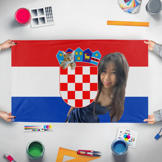A mockup of the custom flag 'Flag' held up on a table during print checking